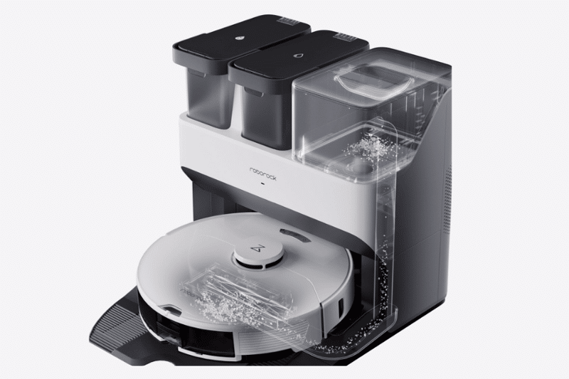 The process of emptying the mobile dust bag on the Roborock S7 Pro Ultra Station is shown.